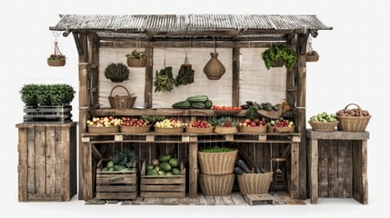 A rustic farmer market stall, isolated on white background, full body shot, with baskets of fresh produce and wooden crates,