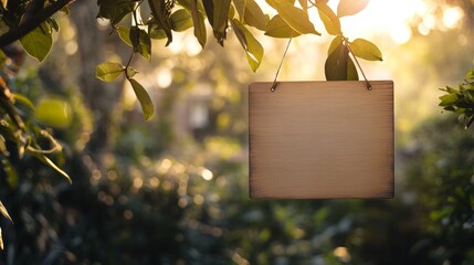 Leinwandbilder - Wooden sign hanging from a tree in a tranquil garden setting