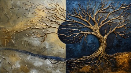 Two panels of wall art with an abstract tree branch motif, alternating in dark and light colors, presenting a rough, textured surface with a modern, nature-inspired design and a stylish backdrop.