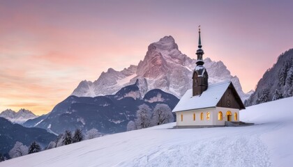 Canvas Print -  Snowy serenity  A church nestled amidst majestic mountains