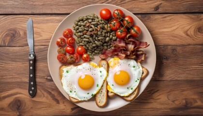 Sticker -  Delicious breakfast spread on rustic wooden table