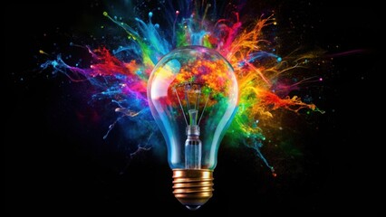 Wall Mural - Colorful exploding light bulb with paint splashes on black background, creativity, innovative, imagination, inspiration