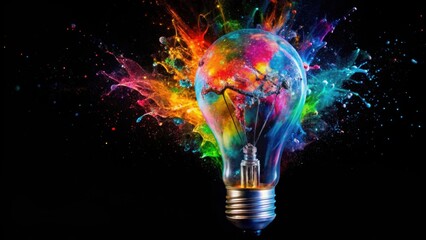 Wall Mural - Colorful paint splashes from a exploding light bulb on black background, creativity, imagination, idea, innovation