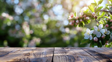 Wall Mural - spring background with a wooden table and blurred green