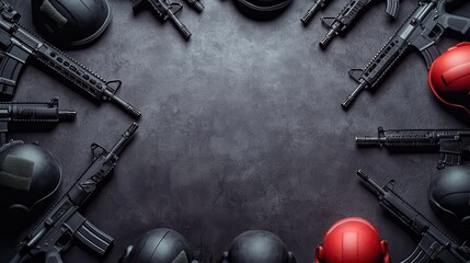 Black Rifles and Helmets on Gray Background.