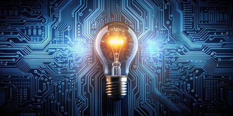 Wall Mural - Bright lightbulb symbolizing cybersecurity illuminating dark circuit board, cybersecurity, technology, breakthrough