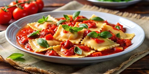 Wall Mural - Close up of delicious ravioli al pomodoro dish with tomato sauce and basil, ravioli, al pomodoro, dish, tomato sauce, basil