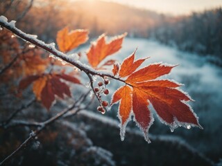 A frozen branch adorned with vibrant autumn leaves