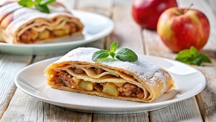 Wall Mural - Slices of apple strudel on a white plate, apple, strudel, dessert, pastry, sweet, baked, delicious, treat, flaky, golden, crust