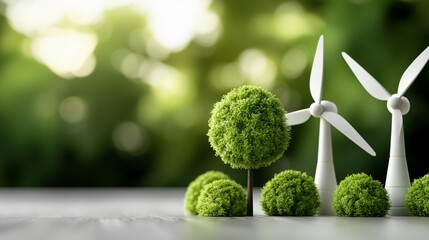 Green Energy Wind Turbines and Trees on Tabletop