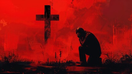 Wall Mural - Devoted man in prayer before a cross illustration