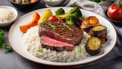 Wall Mural -  Delicious meal with succulent steak and fresh vegetables