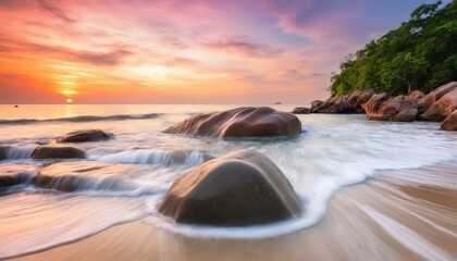 Canvas Print -  Tranquil Sunset over Rocks and Waves