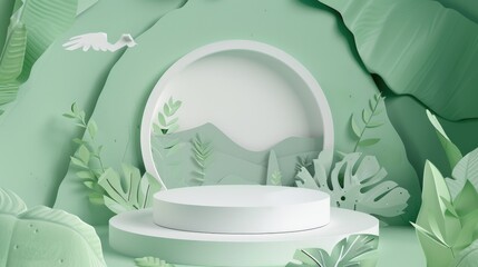 Wall Mural - Geometric podium platform with a nature-inspired background and 3D paper elements.