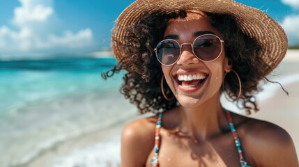 Poster - Woman in swimsuit enjoying a sunny day at the beach.