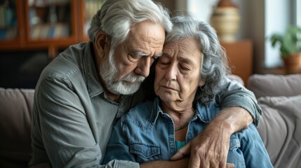 Wall Mural - Elderly wife comforting her husband, representing support and grief during a time of loss.