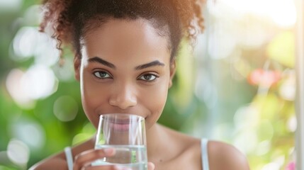 Wall Mural - Young African American woman drinking water, healthy lifestyle concept.