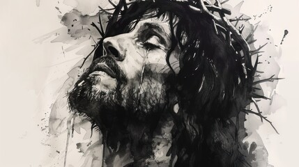 Wall Mural - Jesus Christ with Crown of Thorns in Black and White Watercolor - Copy Space Available