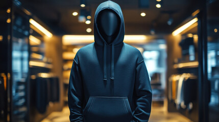 Mock up replica hoodie in stainless steel mannequin standing in luxurious shop.