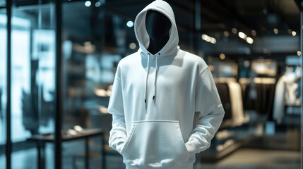 Mock up replica hoodie in stainless steel mannequin standing in luxurious shop.