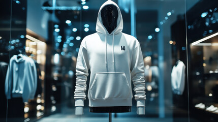 Mock up replica hoodie in stainless steel mannequin standing in luxurious shop.