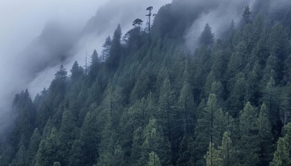 Wall Mural -  Misty mountain majesty  A serene forest landscape