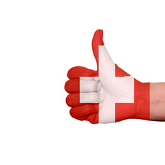 thumbs up painted with switzerland or swiss flag colors isolated on white background