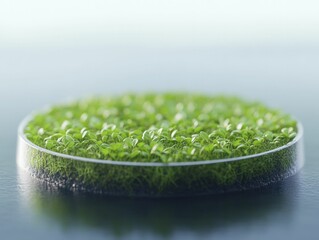 Poster - A close up of a petri dish filled with lush green seedlings thriving towards the light