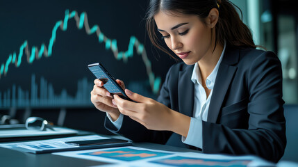 A focused businesswoman analyzing financial data on her smartphone in a modern office environment.