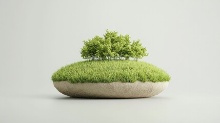 Sticker - A cluster of small trees grows on a grassy oval shaped rock against a plain background