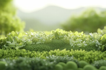 Sticker - A lush green landscape with delicate plants basking in soft sunlight