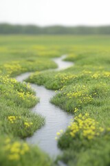 Sticker - A narrow stream winds through a lush meadow peppered with blooming yellow flowers.