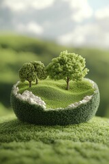 Sticker - A peaceful miniature landscape with lush green trees growing inside a small bowl shaped piece of land