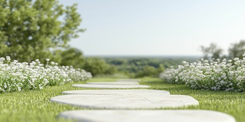 Poster - A serene garden path lined with blooming white flowers leads into a lush green landscape under a clear blue sky