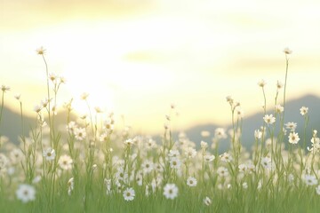 Poster - A serene meadow of white daisies basking in the soft glow of the setting sun