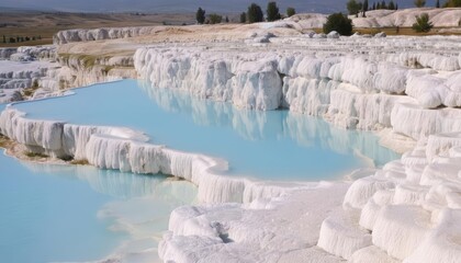 Wall Mural -  Natural wonder  A serene blue lagoon nestled among white travertine terraces