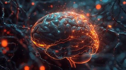 Wall Mural - abstract 3d rendered digital art of the human brain with a glowing neural network. the image evokes 