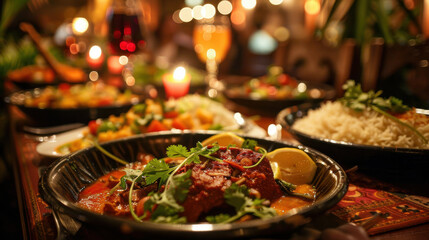 Vibrant Indian cuisine with appetizing presentation and beautiful lighting