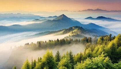 Wall Mural -  Majestic mountain vista with misty forests