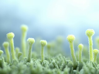 Sticker - Delicate forest of tiny moss stalks bathed in soft morning light