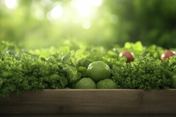 Poster - Fresh garden greens basking in the sunlight with vibrant red tomatoes peeking through