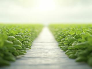 Wall Mural - Rows of lush green plants stretch towards the horizon under a bright sky