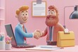 © Umar - 3D illustration of a friendly handshake between a cartoon man with a laptop and a bearded businessman with a briefcase