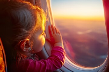 Curious Little Girl Looking Out Airplane Window at Sunset