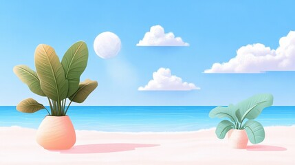 A serene beach scene featuring stylized plants and a bright sky, perfect for evoking tranquility and relaxation.