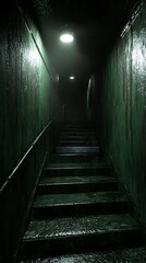 Poster - a dimly lit hallway with a set of stairs leading to a light