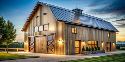 Modern barn featuring wooden accents and metal siding, modern, barn, wooden, metal, siding, architecture, design