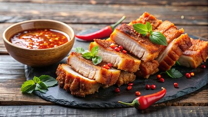 Crispy fried pork belly drizzled with a spicy sauce , pork belly, fried, crispy, spicy, sauce, delicious, Asian cuisine