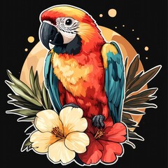 Poster - Colorful Parrot with Tropical Flowers and a Moon Background