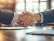 © Seoyoung Jang - A pair of business partners sitting in a quiet office, signing a partnership agreement, with documents neatly arranged on the table and a handshake sealing the deal